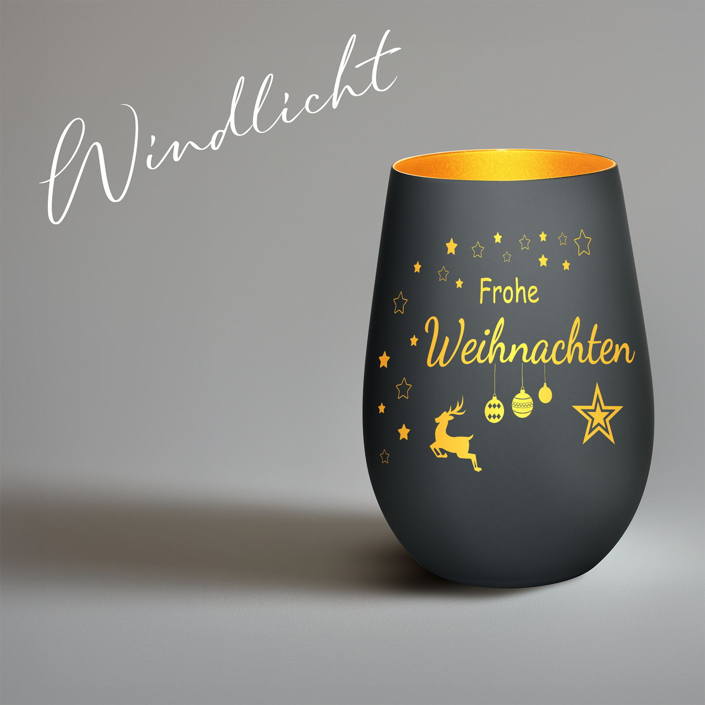 Hochwertiges Glas Windlicht mit Gravur "FROHE WEIHNACHTEN" in der Farbe Schwarz/Gold