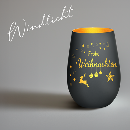 Hochwertiges Glas Windlicht mit Gravur "FROHE WEIHNACHTEN" in der Farbe Schwarz/Gold