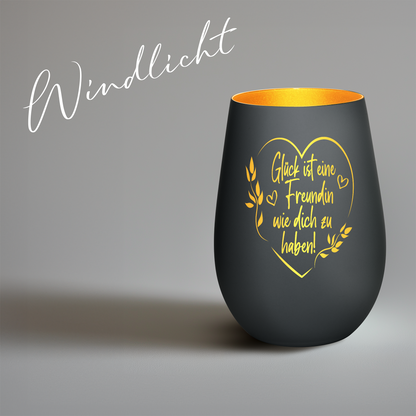 Hochwertiges Glas Windlicht mit Gravur "GLÜCK IST EINE FREUNDIN MIT HERZ" in der Farbe Schwarz/Gold