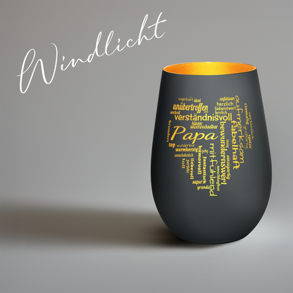 Hochwertiges Glas Windlicht mit Gravur "PAPA GROßES HERZ" in der Farbe Schwarz/Gold