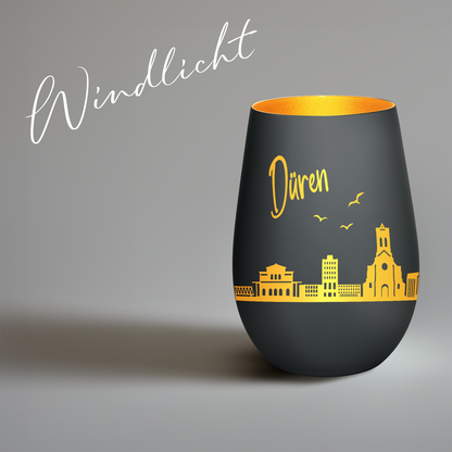 Hochwertiges Glas Windlicht mit Gravur "SKYLINE DÜREN" in der Farbe Schwarz/Gold