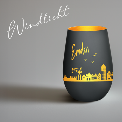 Hochwertiges Glas Windlicht mit Gravur "SKYLINE EMDEN" in der Farbe Schwarz/Gold