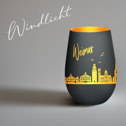 Hochwertiges Glas Windlicht mit Gravur "SKYLINE WEIMAR" in der Farbe Schwarz/Gold