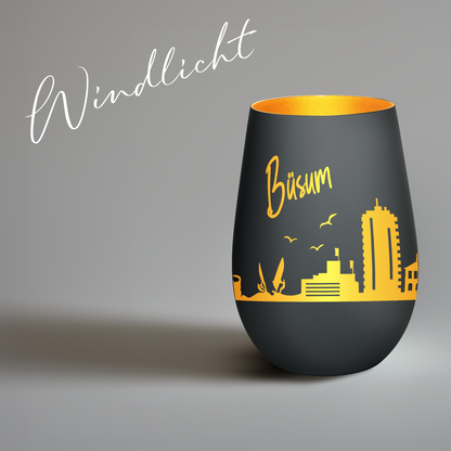 Hochwertiges Glas Windlicht mit Gravur "SKYLINE BÜSUM" in der Farbe Schwarz/Gold