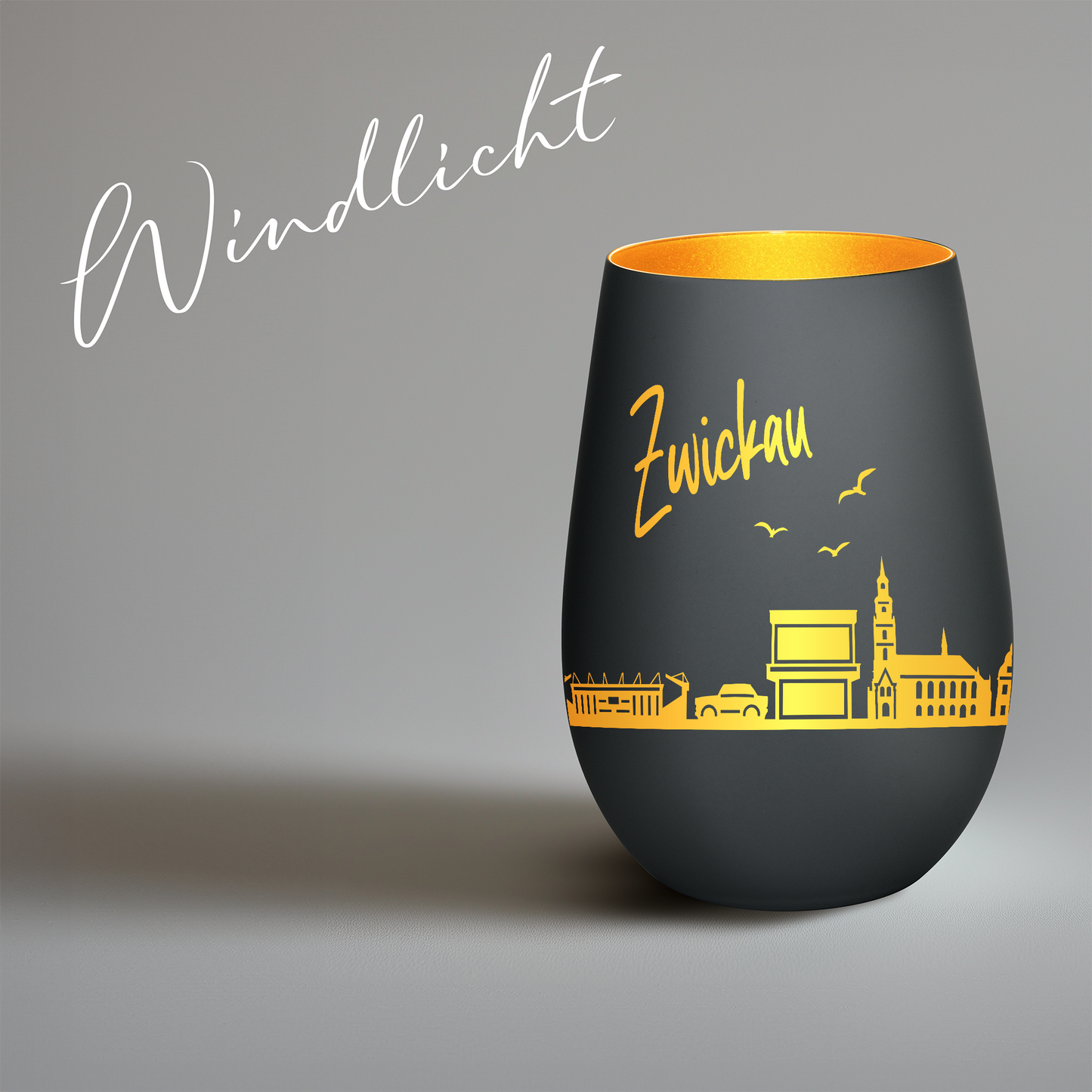 Hochwertiges Glas Windlicht mit Gravur "SKYLINE ZWICKAU" in der Farbe Schwarz/Gold