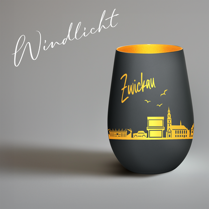 Hochwertiges Glas Windlicht mit Gravur "SKYLINE ZWICKAU" in der Farbe Schwarz/Gold