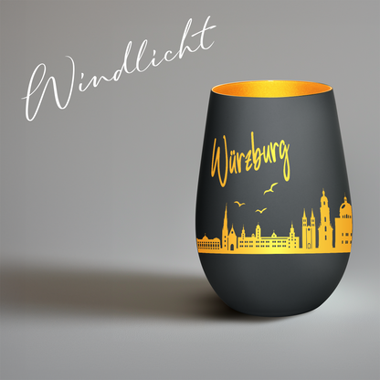 Hochwertiges Glas Windlicht mit Gravur "SKYLINE WÜRZBURG" in der Farbe Schwarz/Gold