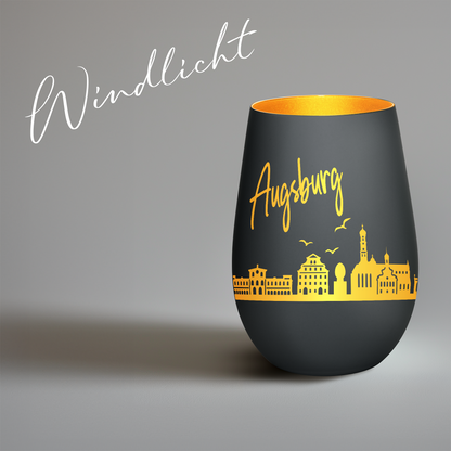 Hochwertiges Glas Windlicht mit Gravur "SKYLINE AUGSBURG" in der Farbe Schwarz/Gold