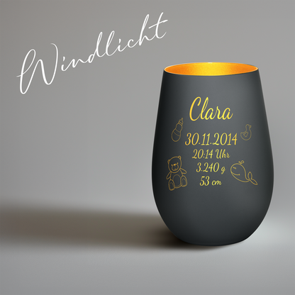 Hochwertiges Glas Windlicht mit Gravur "ZUR GEBURT" mit Wunschname und Datum in der Farbe Schwarz/Gold