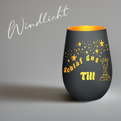 Hochwertiges Glas Windlicht für Kinder mit Gravur "SCHLAF GUT" Motiv Giraffe mit Wunschname in der Farbe Schwarz/Gold