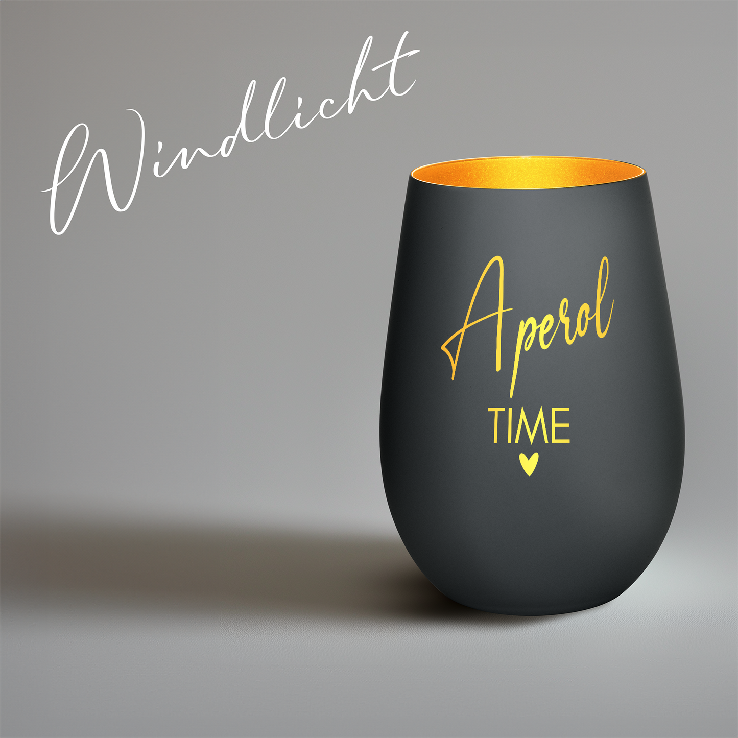 Hochwertiges Glas Windlicht mit Gravur "APEROL TIME" in der Farbe Schwarz/Gold