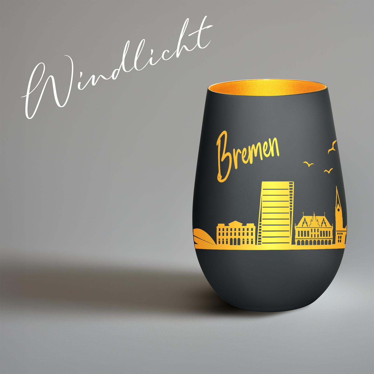 Hochwertiges Glas Windlicht mit Gravur "SKYLINE BREMEN" in der Farbe Schwarz/Gold
