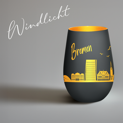 Hochwertiges Glas Windlicht mit Gravur "SKYLINE BREMEN" in der Farbe Schwarz/Gold