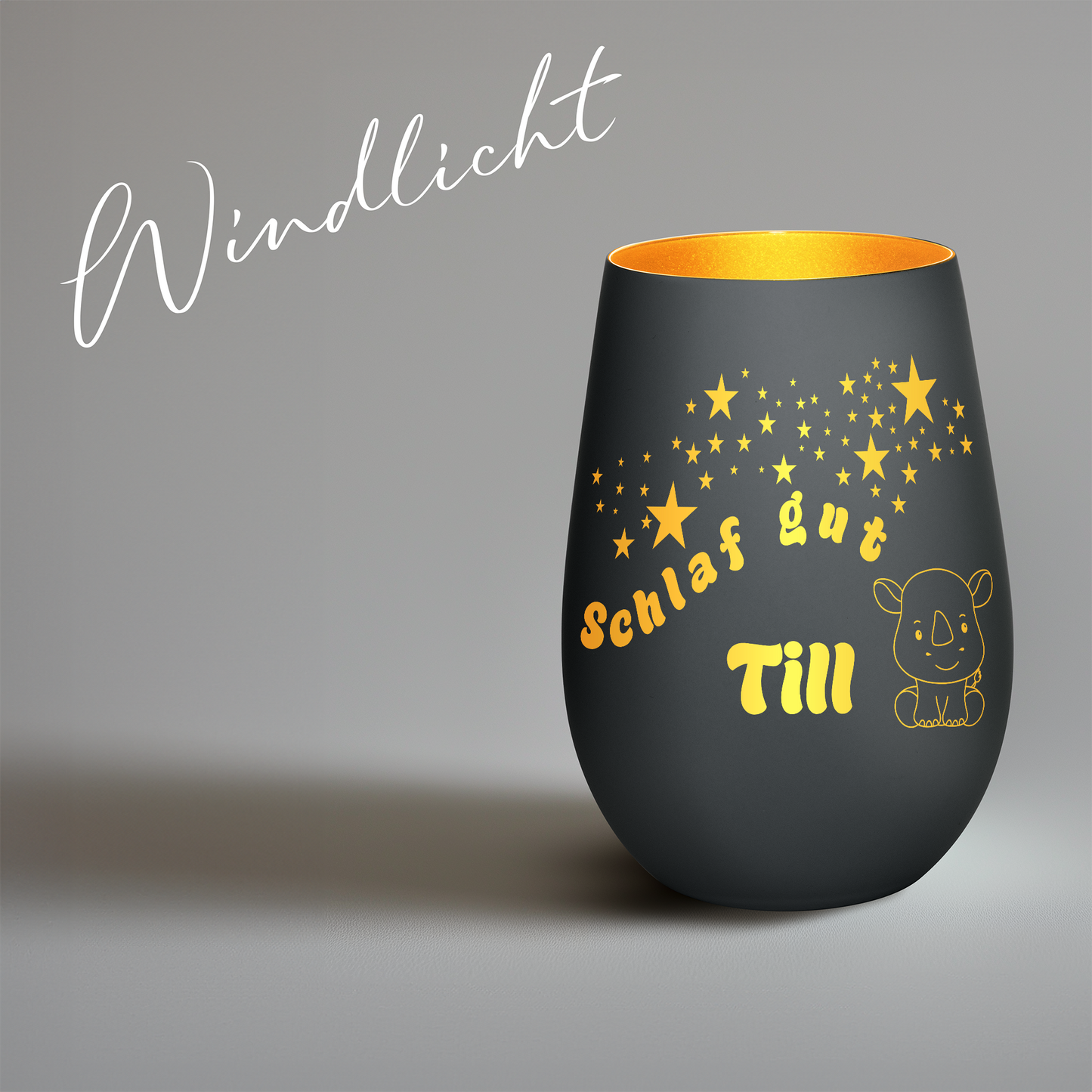 Hochwertiges Glas Windlicht für Kinder mit Gravur "SCHLAF GUT" Motiv Nashorn mit Wunschname in der Farbe Schwarz/Gold