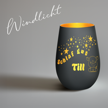 Hochwertiges Glas Windlicht für Kinder mit Gravur "SCHLAF GUT" Motiv Nashorn mit Wunschname in der Farbe Schwarz/Gold
