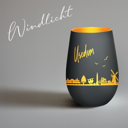 Hochwertiges Glas Windlicht mit Gravur "SKYLINE USEDOM" in der Farbe Schwarz/Gold