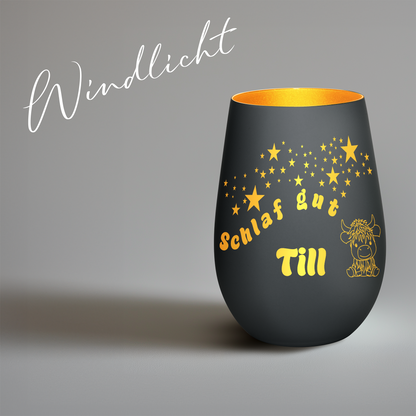 Hochwertiges Glas Windlicht für Kinder mit Gravur "SCHLAF GUT" Motiv Bison mit Wunschname in der Farbe Schwarz/Gold