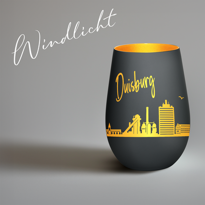 Hochwertiges Glas Windlicht mit Gravur "SKYLINE DUISBURG" in der Farbe Schwarz/Gold