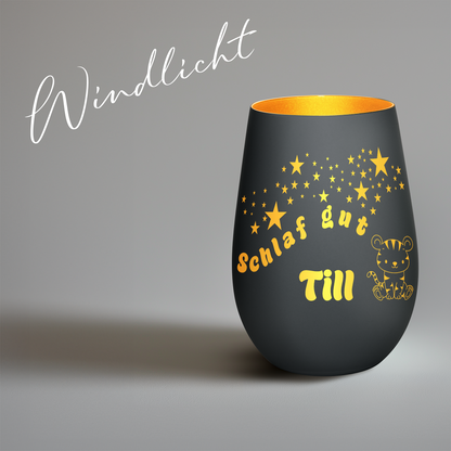 Hochwertiges Glas Windlicht für Kinder mit Gravur "SCHLAF GUT" Motiv Tiger mit Wunschname in der Farbe Schwarz/Gold