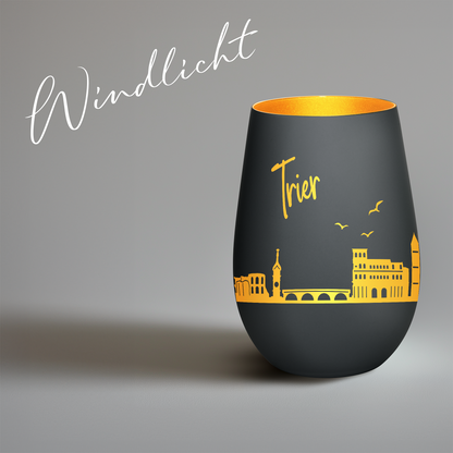 Hochwertiges Glas Windlicht mit Gravur "SKYLINE TRIER" in der Farbe Schwarz/Gold