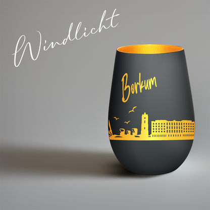Hochwertiges Glas Windlicht mit Gravur "SKYLINE BORKUM" in der Farbe Schwarz/Gold