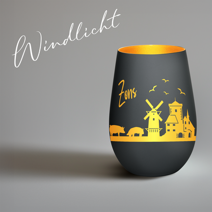 Hochwertiges Glas Windlicht mit Gravur "SKYLINE ZONS (DORMAGEN)" in der Farbe Schwarz/Gold