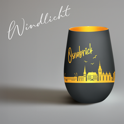 Hochwertiges Glas Windlicht mit Gravur "SKYLINE OSNABRÜCK" in der Farbe Schwarz/Gold