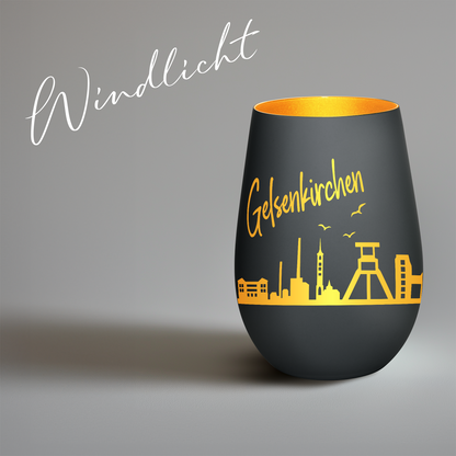 Hochwertiges Glas Windlicht mit Gravur "SKYLINE GELSENKIRCHEN" in der Farbe Schwarz/Gold