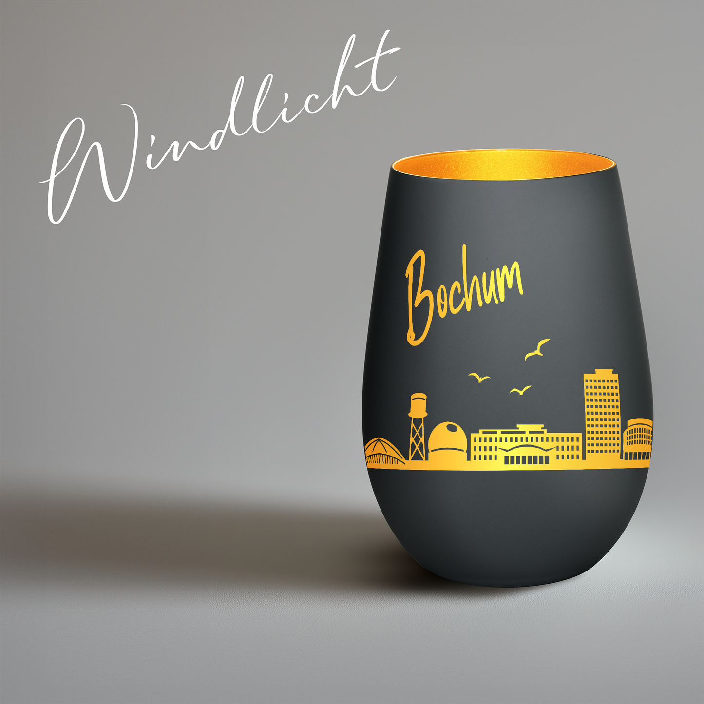 Hochwertiges Glas Windlicht mit Gravur "SKYLINE BOCHUM" in der Farbe Schwarz/Gold