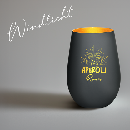Hochwertiges Glas Windlicht mit Gravur "HOLY APEROLI" mit Wunschname in der Farbe Schwarz/Gold