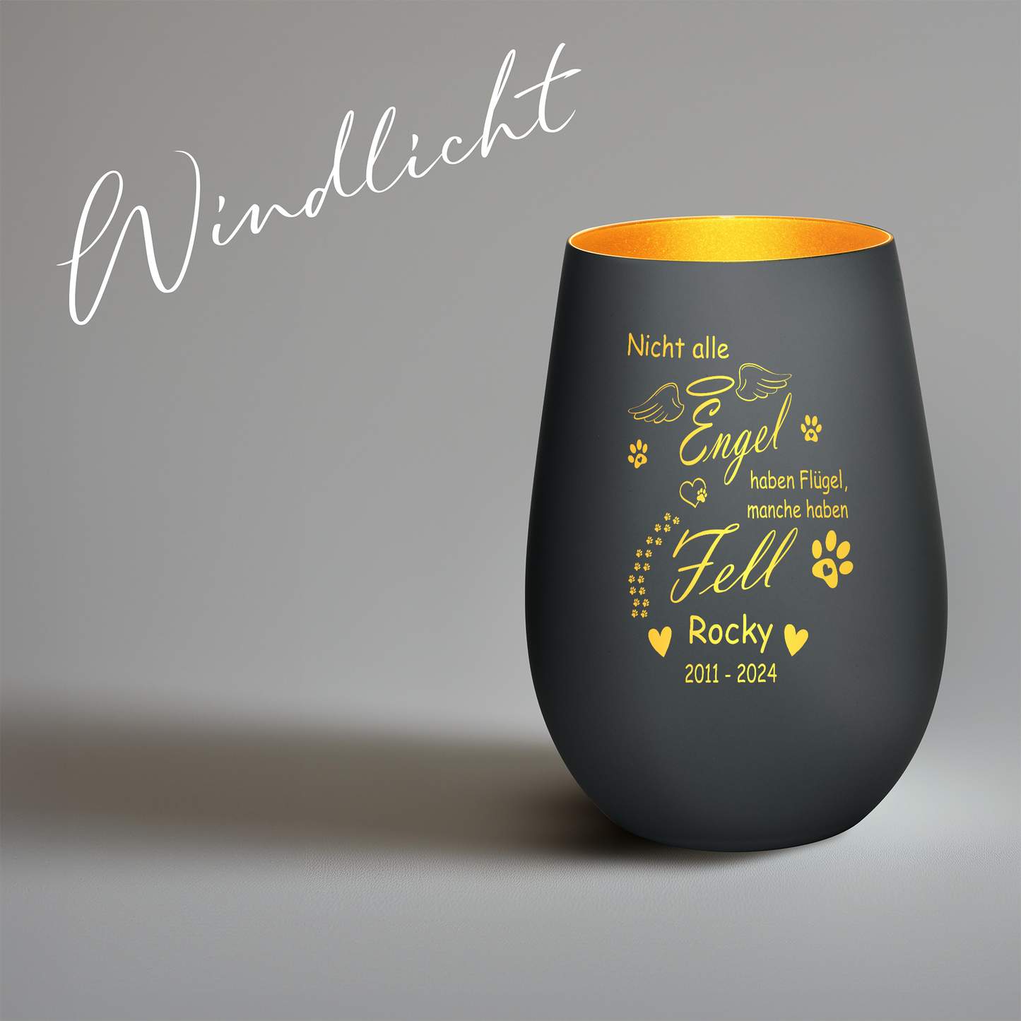 Hochwertiges Glas Windlicht als Trauerlicht für deinen Hund oder Katze "NICHT ALLE ENGEL HABEN FLÜGEL MANCHE HABEN FELL" mit Wunschname in der Farbe Schwarz/Gold