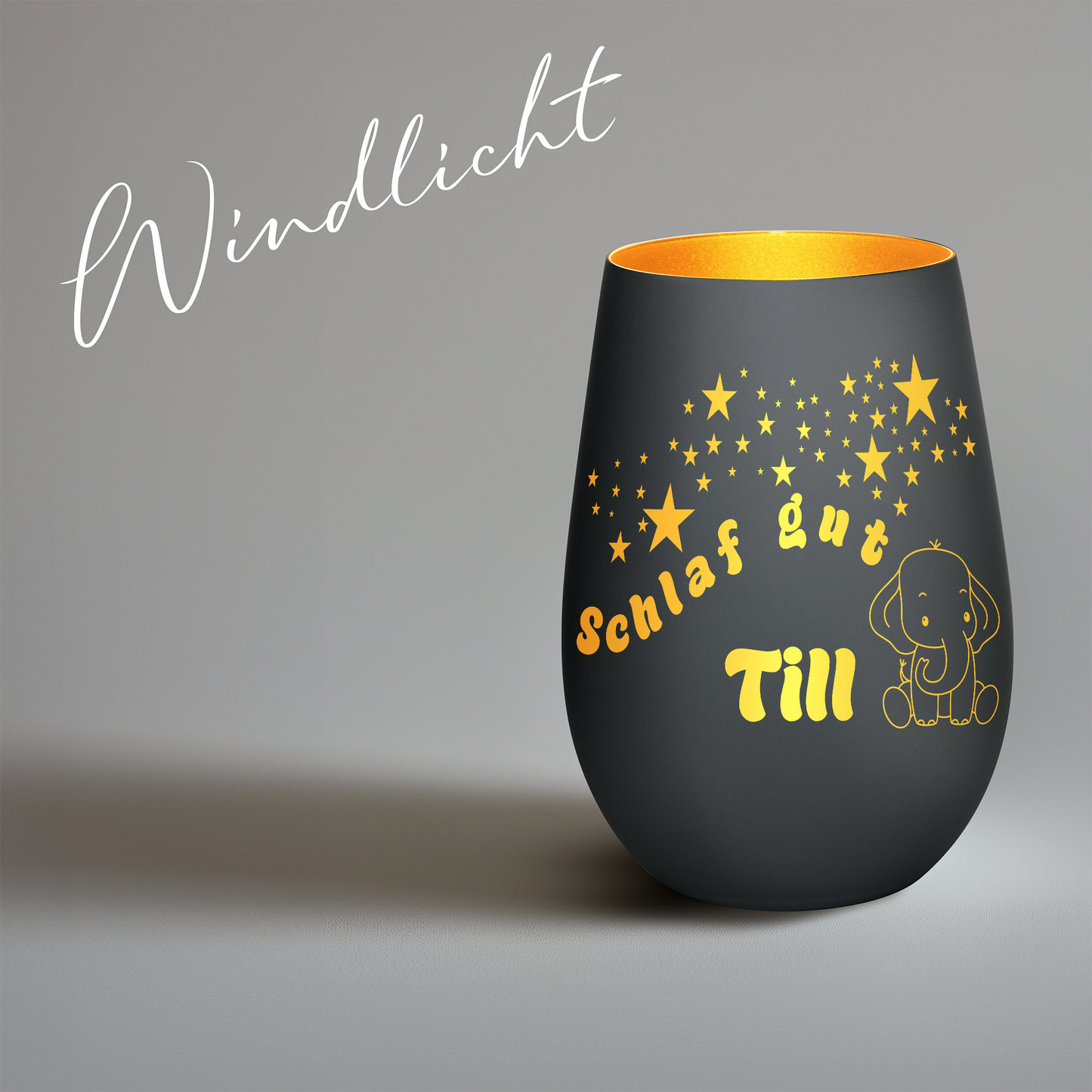 Hochwertiges Glas Windlicht für Kinder mit Gravur "SCHLAF GUT" Motiv Elefant mit Wunschname in der Farbe Schwarz/Gold