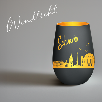 Hochwertiges Glas Windlicht mit Gravur "SKYLINE SCHWERIN" in der Farbe Schwarz/Gold