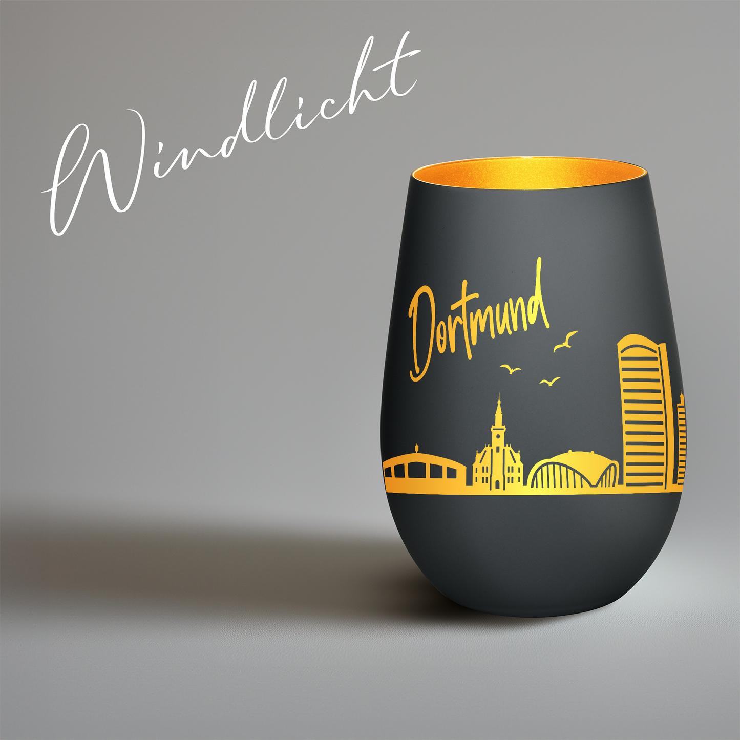 Hochwertiges Glas Windlicht mit Gravur "SKYLINE DORTMUND" in der Farbe Schwarz/Gold