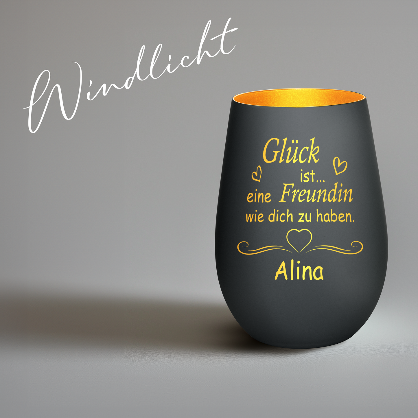 Hochwertiges Glas Windlicht mit Gravur "GLÜCK IST EINE FREUNDIN WIE DICH ZU HABEN" mit Wunschname in der Farbe Schwarz/Gold