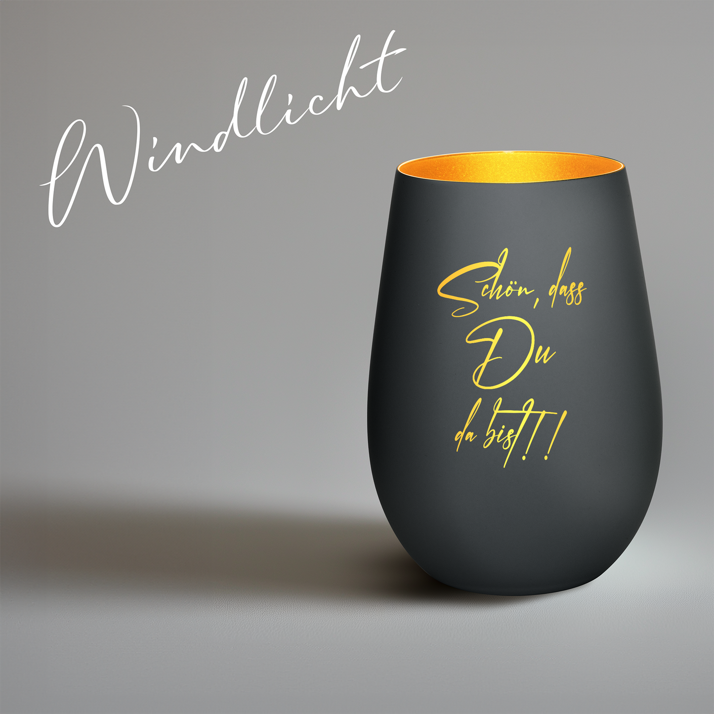 Hochwertiges Glas Windlicht mit Gravur "SCHÖN, DASS DU DA BIST" in der Farbe Schwarz/Gold