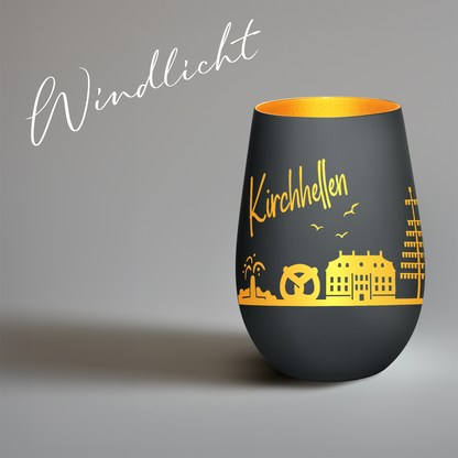 Hochwertiges Glas Windlicht mit Gravur "SKYLINE KIRCHHELLEN" in der Farbe Schwarz/Gold