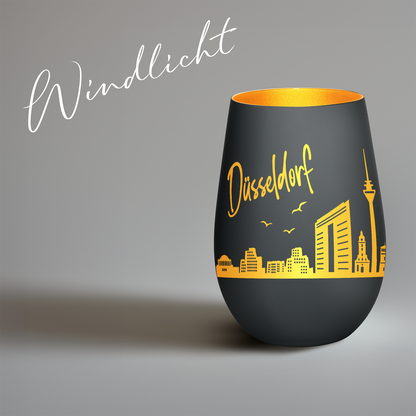 Hochwertiges Glas Windlicht mit Gravur "SKYLINE DÜSSELDORF" in der Farbe Schwarz/Gold