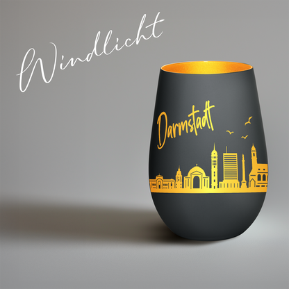 Hochwertiges Glas Windlicht mit Gravur "SKYLINE DARMSTADT" in der Farbe Schwarz/Gold