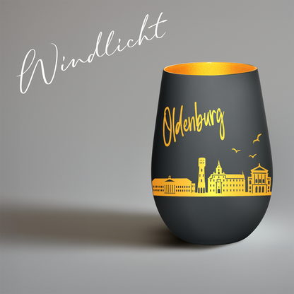 Hochwertiges Glas Windlicht mit Gravur "SKYLINE OLDENBURG" in der Farbe Schwarz/Gold