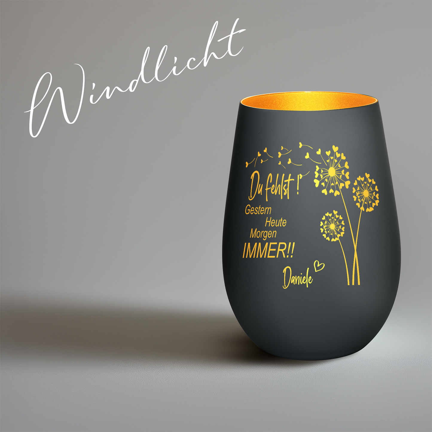 Hochwertiges Glas Windlicht mit Gravur als Trauerlicht "DU FEHLST! GESTERN HEUTE MORGEN IMMER" mit Wunschname in der Farbe Schwarz/Gold