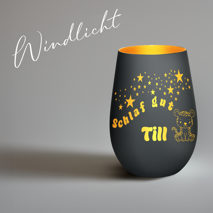 Hochwertiges Glas Windlicht für Kinder mit Gravur "SCHLAF GUT" Motiv Leopard mit Wunschname in der Farbe Schwarz/Gold