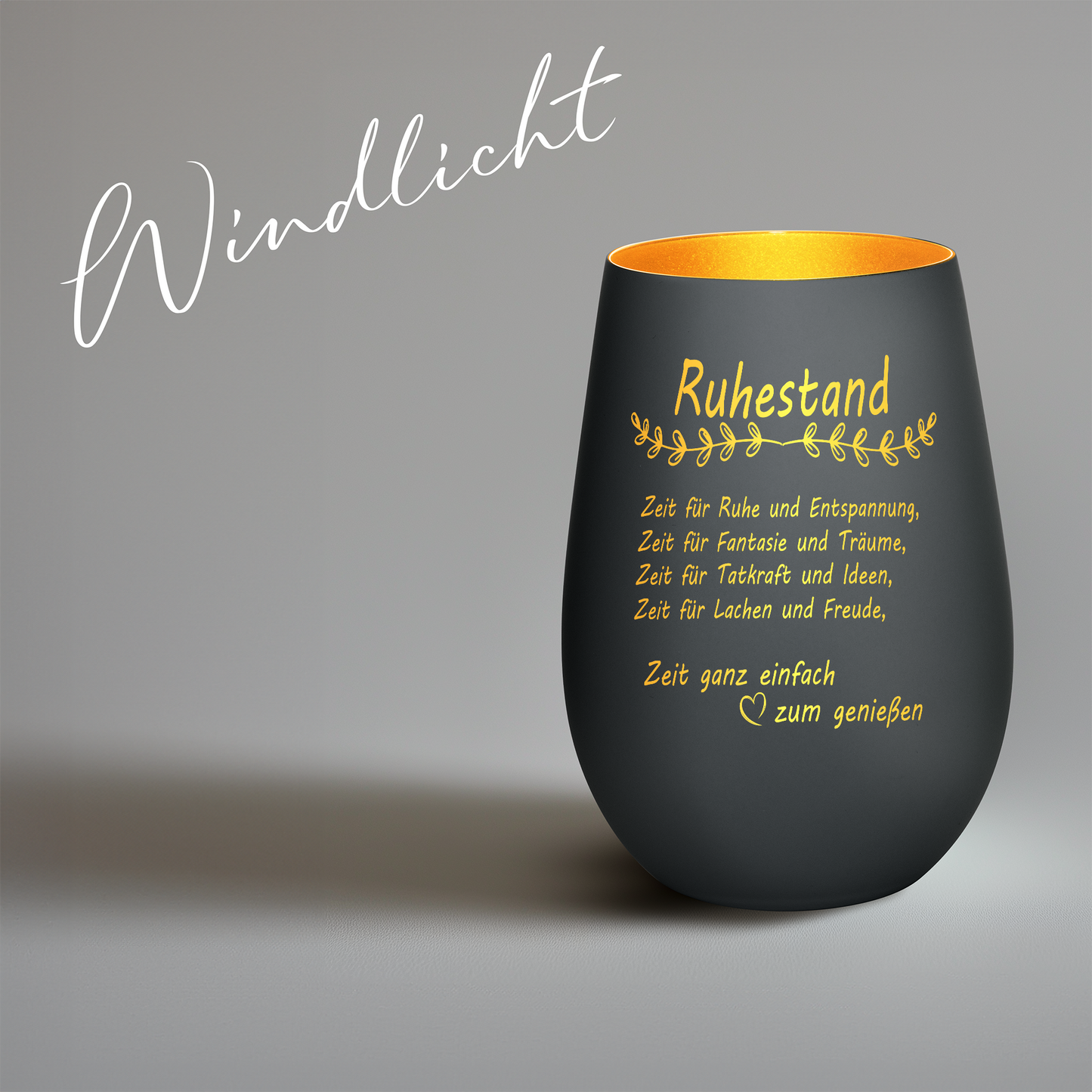 Hochwertiges Glas Windlicht mit Gravur "ALLES GUTE ZUM RUHESTAND" in der Farbe Schwarz/Gold