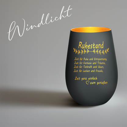 Hochwertiges Glas Windlicht mit Gravur "ALLES GUTE ZUM RUHESTAND" in der Farbe Schwarz/Gold