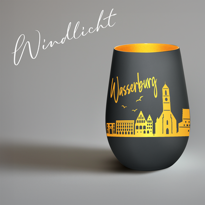 Hochwertiges Glas Windlicht mit Gravur "SKYLINE WASSERBURG" in der Farbe Schwarz/Gold
