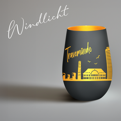 Hochwertiges Glas Windlicht mit Gravur "SKYLINE TRAVEMÜNDE" in der Farbe Schwarz/Gold