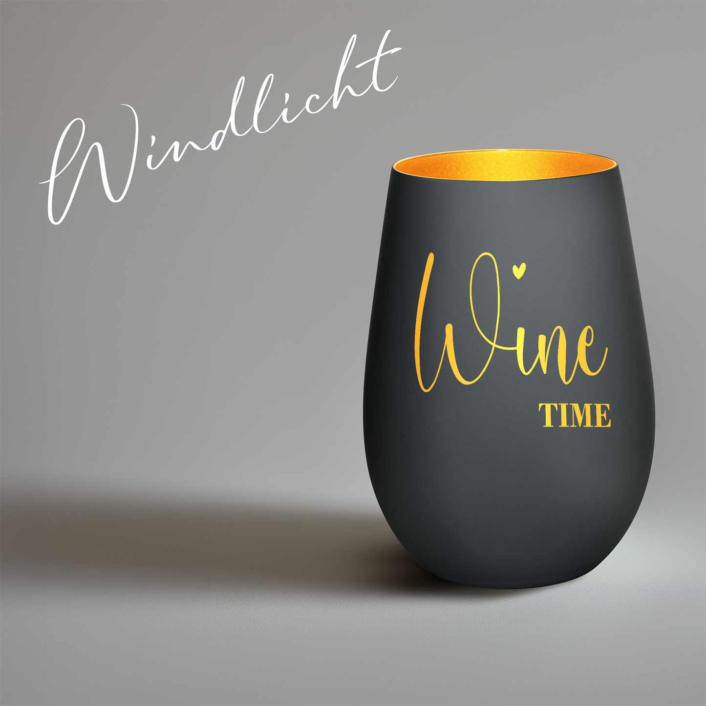 Hochwertiges Glas Windlicht mit Gravur "WINE TIME" in der Farbe Schwarz/Gold