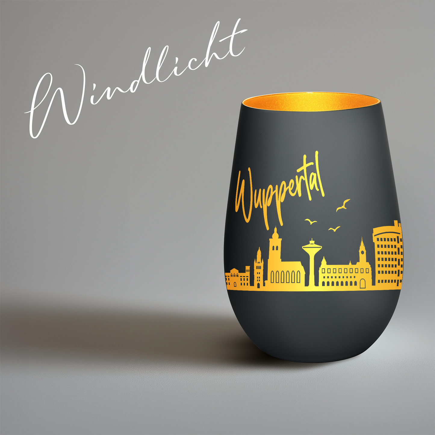 Hochwertiges Glas Windlicht mit Gravur "SKYLINE WUPPERTAL" in der Farbe Schwarz/Gold