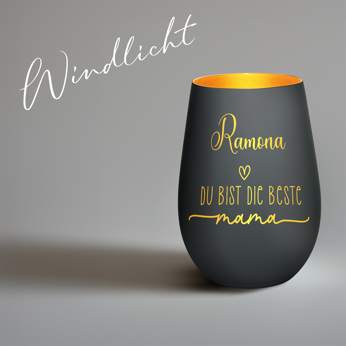 Hochwertiges Glas Windlicht mit Gravur "DIE BESTE MAMA" mit Wunschname in der Farbe Schwarz/Gold