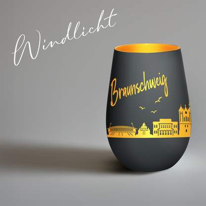 Hochwertiges Glas Windlicht mit Gravur "SKYLINE BRAUNSCHWEIG" in der Farbe Schwarz/Gold